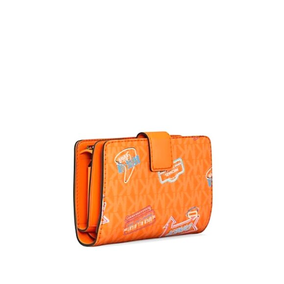 New Michael Kors Jet Set Printed Signature Logo Bi-Fold Medium Wallet Pop Orange - Picture 3 of 5